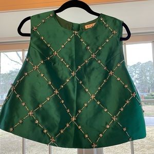 BURU • emerald green and rhinestone mom crop top • large